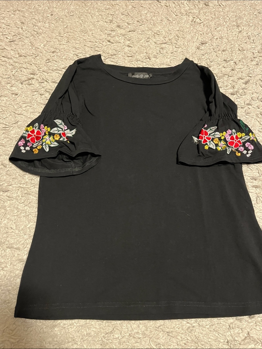 august silk Black Short Sleeve Top with Embroidered Floral Flutter Sleeves